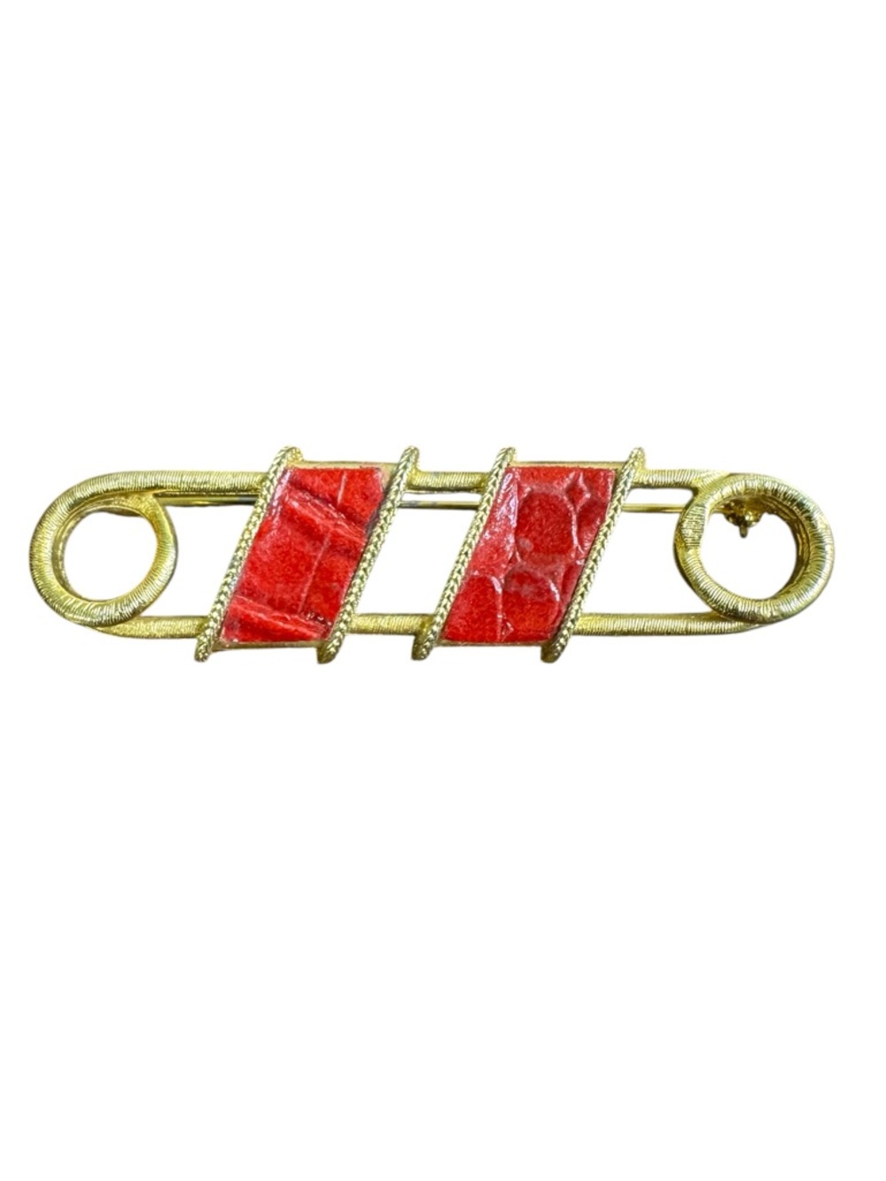 Gold-Tone Red Leather Safety Pin Brooch with Stripe Accents